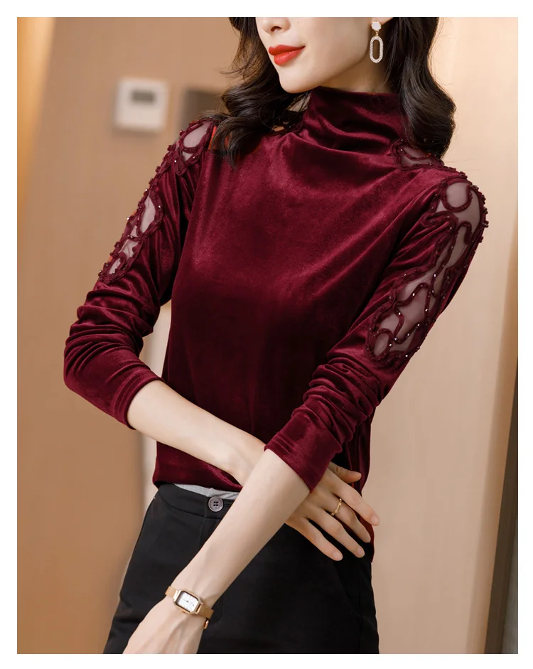 New 2020 Autumn winter woman tshirts Korean fashion slim high neck velvet t-shirt embroidered long sleeve bottoming shirt