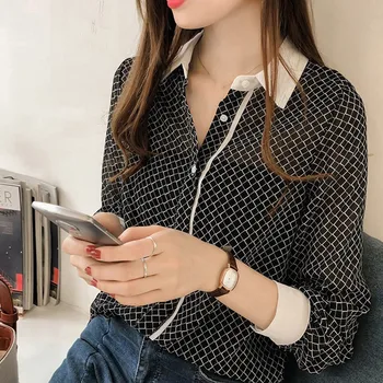 

Loose Single Breasted Cotton Long Sleeve Lapel Shirt Elegant Women Chiffon Blouse Vintage Black and White Plaid Print Blouses