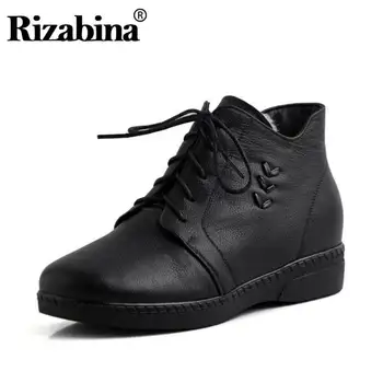 

RIZABINA Women Ankle Boots Genuine Leather Add Plush Fur Warm Winter Shoes Women Casual Lace Up Flats Mom Footwear Size 34-43