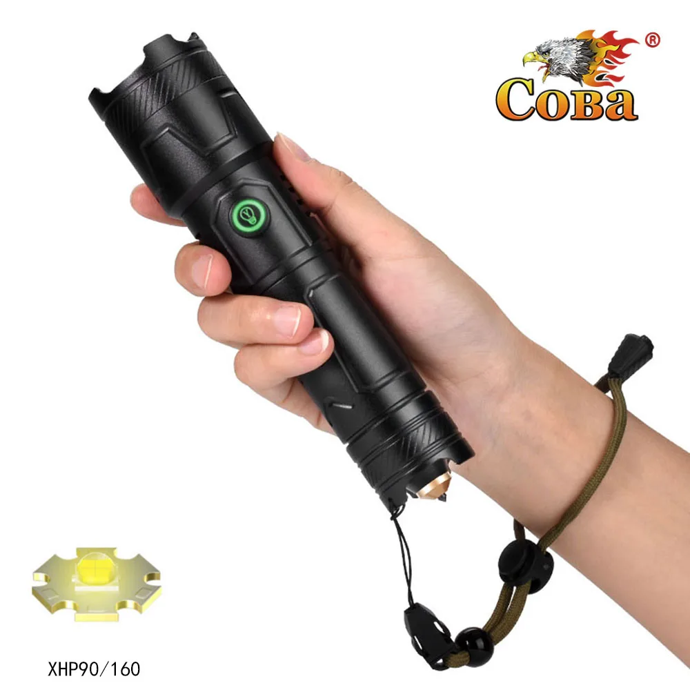 

COBA Ultra Bright LED Flashlight with XHP160 Lamp Beads Waterproof Torch Zoomable 5 Lighting Modes Multi-function USB Charging