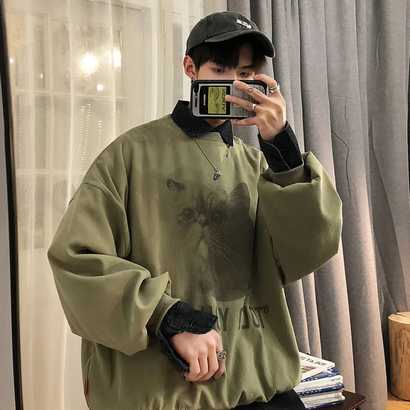 

2019 Autumn And Winter Men's New Casual Solid Color Pattern Printing Round Neck Loose Temperament Trend Cotton Hoodies
