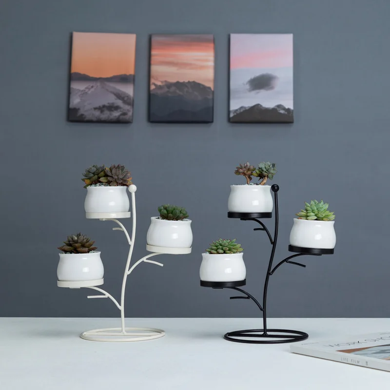 Nordic Creative Iron Frame White Black Succulent Plants Ceramics Flower Pot Suit Combination Indoor Desktop Vase Decoration Home | Дом и сад