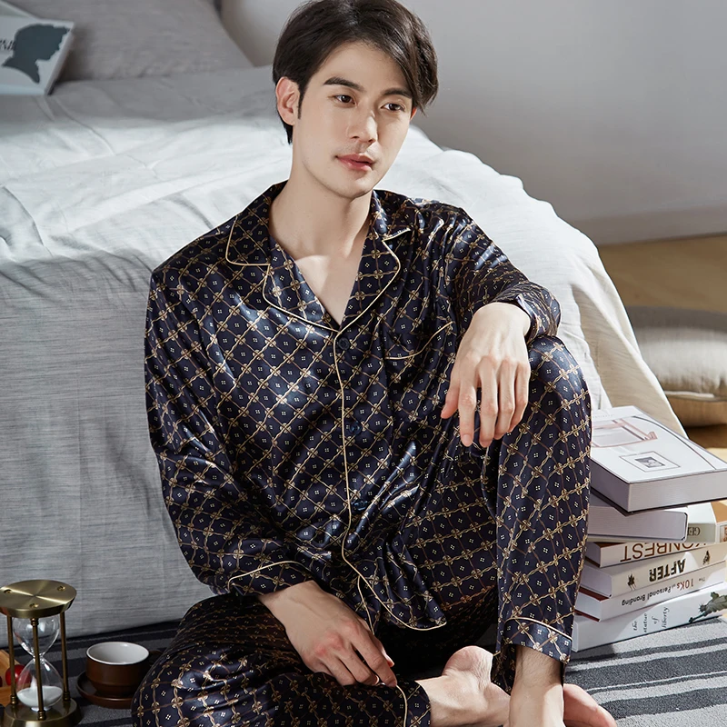 100% Real Silk Pajamas For Men Pijama Hombre 2Pcs Pure Silk Pyjama Homme Long Sleeve Button-Down Home Clothes Sleepwear PJ Sets