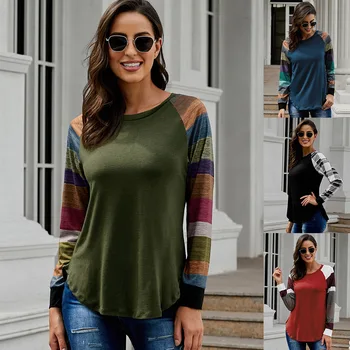 

Women's Clothing Top New Women's Crew Neck Contrast Long Sleeves Slim XL Women's T-shirt 251469