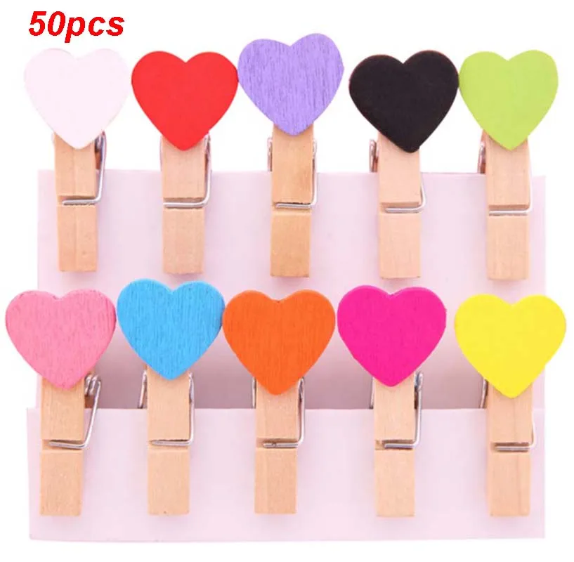 

50Pcs/Lot Length 3.5CM Mini Romantic Loving Heart Shape Wood Clips DIY Handicrafts Photos Papers Clothes Pegs Party Decorations