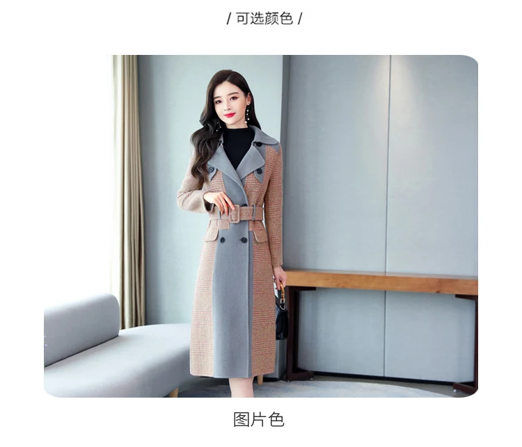 Autumn Winter Coat Women Double-breasted Woolen Coat England Fashion Plaid wool jacket Overcoat Female Wool Coats With Belt
