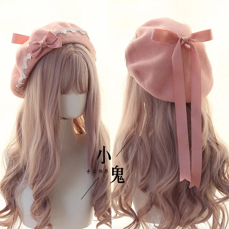 

Japanese beret lolita girl sweet woolen lace bow keep warm hat princess sweet lolita headwear palace lace hair kawaii girl hair