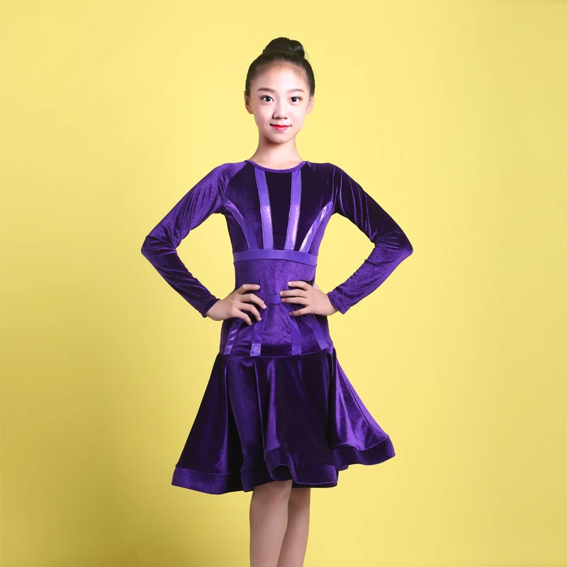 Purple Одежда для латинских танцев для девочек, костюмы для танцев Румба, платья для латинских соревнований, детская одежда для танго с длинным рукавом DQL2586 - Цвет: Purple