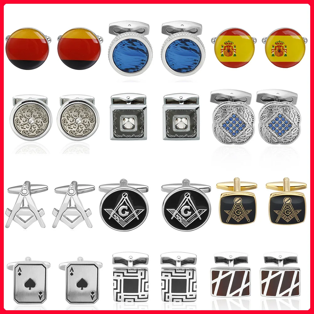 

French Shirt Cufflinks for mens Quality enamel Germany flag/Spain Flag/Masonic/Gem round Cufflinks gemelos para hombre camisa