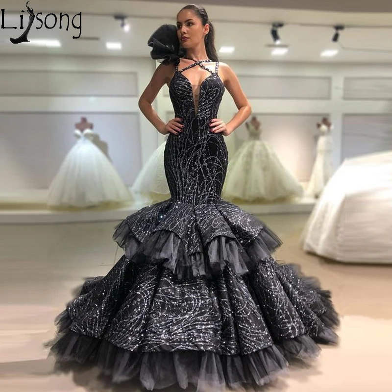 

Sparkly Black Evening Dress Mermaid V Neck Tiered Skirt Formal Party Prom Dresses robe de soiree Ruffles Gown abendkleider