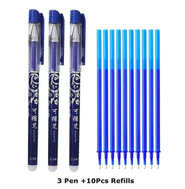 Erasable Pen Set 0.5mm Needle Bullet Tip Gel Ink Pens Refills Rods write erase Washable Handle for School Office Supplies 3 pen 10 refills A