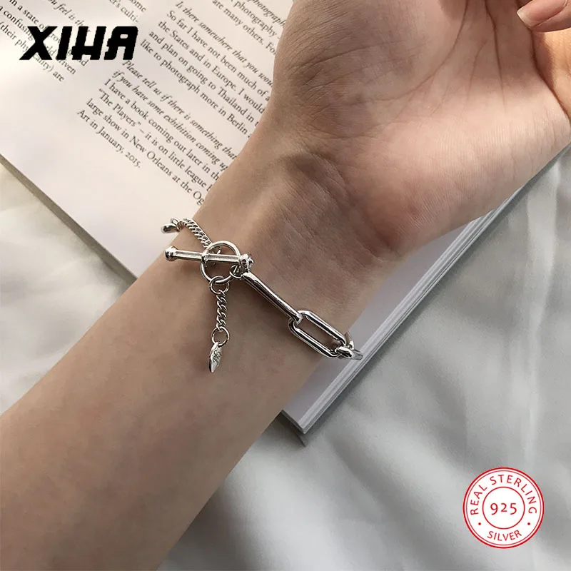 925 пробы Серебряный широкий звено цепи браслеты для женщин OT застежка ювелирные изделия Роскошные геометрические Рок в стиле панк, Бохо Браслет