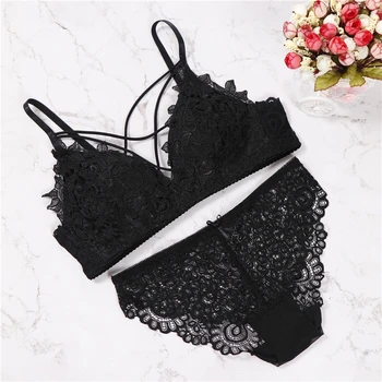 

2020 New Arrival Floral Wireless Bra Lace Lightly Lined Triangle Bra Set Underwear Women Lingerie Deep Plunge V Neck New Arrival