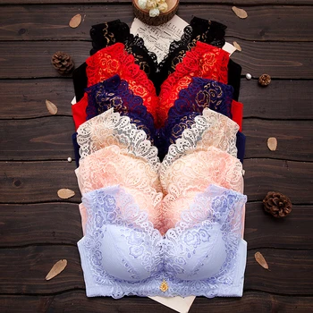 

Women Hot Solid Color Lace Embroidery Wide Shoulder Strap bra Large size Push up Bras Plus Size QHAG