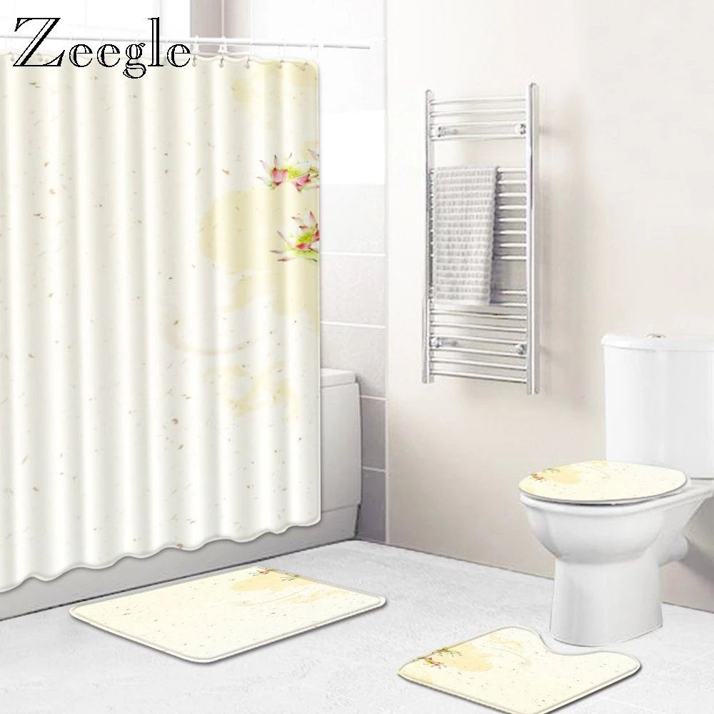 Zeegle Creative Bath Mat Set Cartoon Bathroom Mat Set Washable Toilet Mat Shower Room Rug Toilet Seat Cover Waterproof Curtain