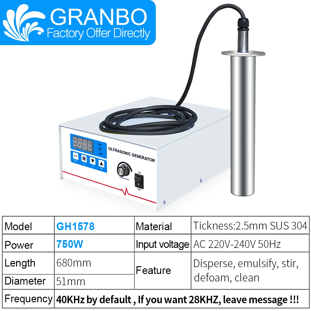 

Granbo 750W 40KHz High Power Ultrasonic Cleaning Vibration Rod For Separation extraction Emulsification Stir Defoaming Cleaning