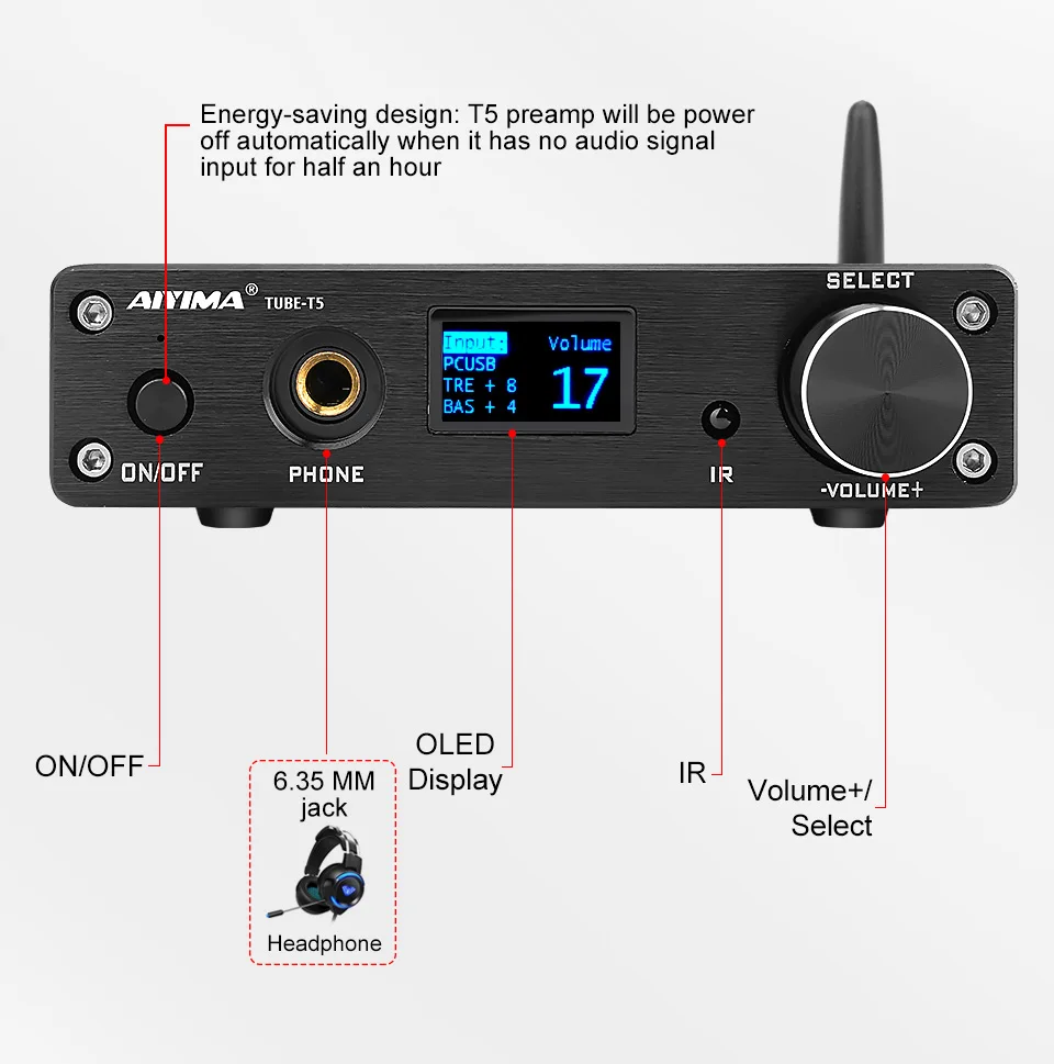 AIYIMA HiFi 6K4 ламповый предусилитель Bluetooth CSR8635 4,2 предусилитель OLED стерео аудио усилитель для наушников USB ЦАП с адаптером 12 в ЕС