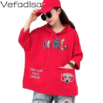 

Vefadisa Letter Print Plus Size Women T-shirt 2020 Spring Three Quarter Sleeve Dog Print Hooded T-shirt Casual Women Top QYF2343