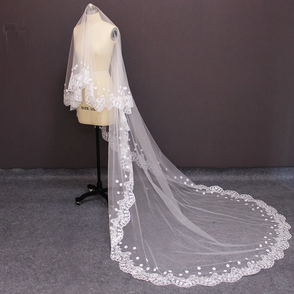

Real Photos Pearls Flower Lace Wedding Veil Beautiful Soft Tulle Cathedral Bridal Veil WITHOUT Comb Wedding Accessories