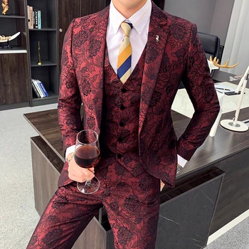 

Gzdeerax Jacquard Men Suit 3-piece Luxury Single Breasted Mens Suits Wedding Groom Fashion Slim Fit Wine Red Man Suit With Pants