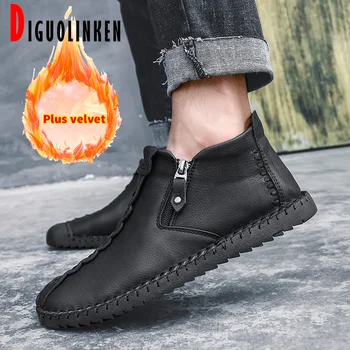 

High Quality Men Shoes Loafers Waterproof Men Boots Winter Warm Fur Shoes Men Casual Snow Comfort Ankle Non-slip Black Big Size