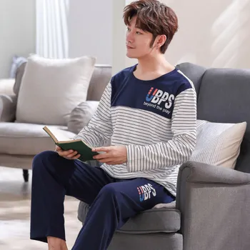 

Autumn Winter Men's Cotton Pajamas Letter Striped Sleepwear Cartoon Pajama Sets Casual Sleep&Lounge Pyjamas Plus Size 4XL Pijama