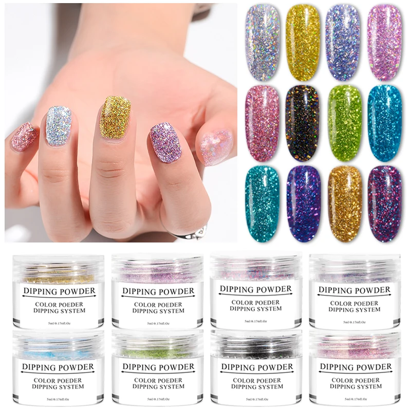 

Holographic Dip Nail Powders 5ml Laser Nail Podwer With Base Top Activator Brush Saver Liquid Natural Dry Without Lamp