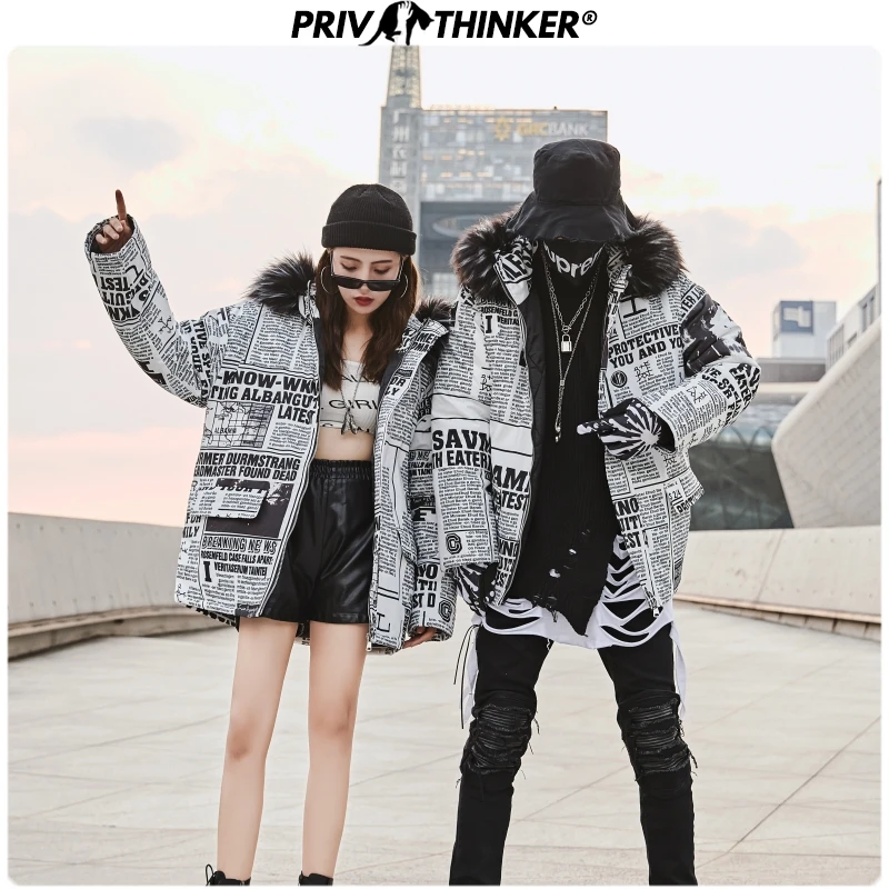 Privathinker, мужская и женская модная куртка с газетным принтом, мужские парки, s, толстое теплое зимнее пальто, парка, мужское меховое пальто с капюшоном, Winderbreak