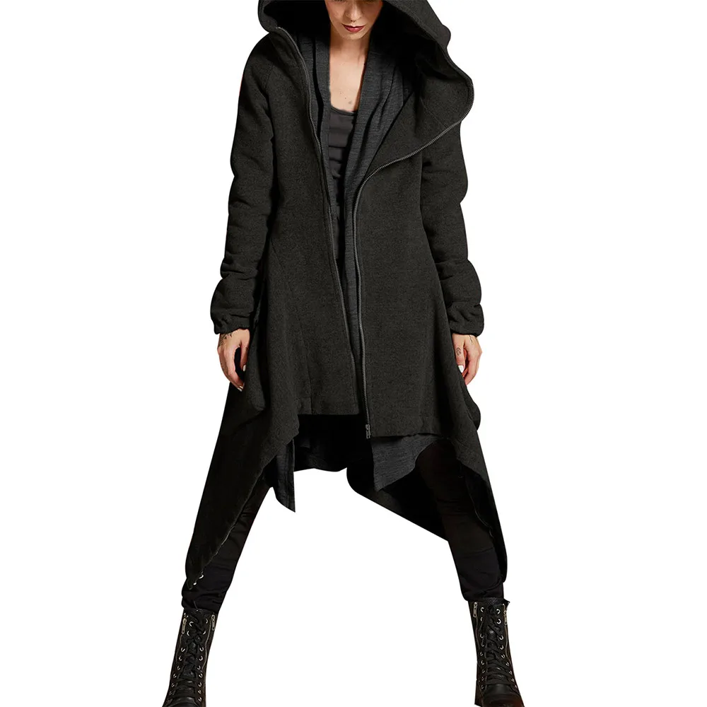 Jaycosin Fashion Women Winter Warm Zipper Asymmetric Solid Hoodie Coat Stylish Long Sleeve Comfortable Soft Coat Overcoat 23#4