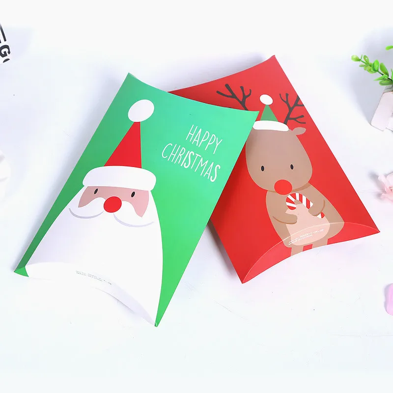 5Pcs Christmas Paper Box Kids Candy Gift Bags For Cookie Biscuit Snack Packaging Box Festival New Year Party Supplies Red Green