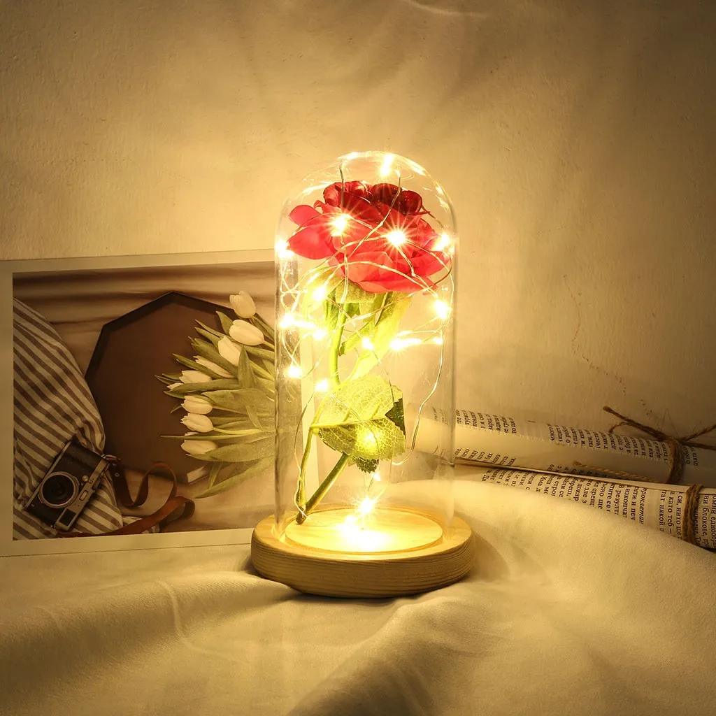 Рождественская Красавица и Чудовище красная роза в стеклянном куполе на деревянной основе для подарков Святого Валентина светодиодный лампы с розами Рождественский светильник