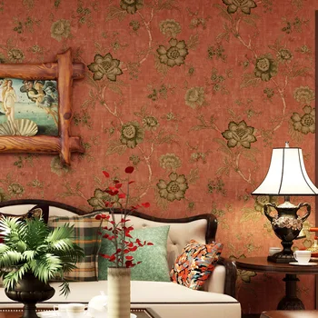 

10M*53CM American Big Flower Wallpaper Classical Country Retro Sofa TV Background Hermes Orange Orange-Red Wallpaper