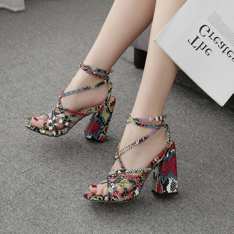

Women Sandal High Heels Ankle Strap Pumps Party Summer Ladies Sexy Snake Print Open Toe Block Heel Shoes Woman Leather Sandals