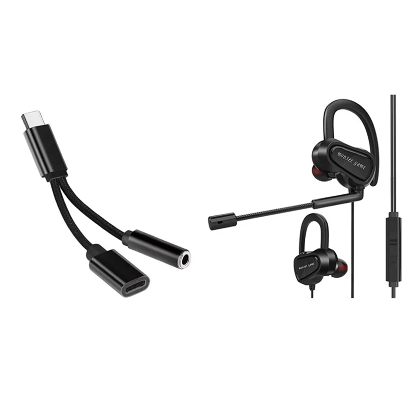1 Set Gaming Earphones with HD Mic 3 5Mm Wired Stereo Headset 1 Pcs 2 in 1 Type C Headphone Adapter