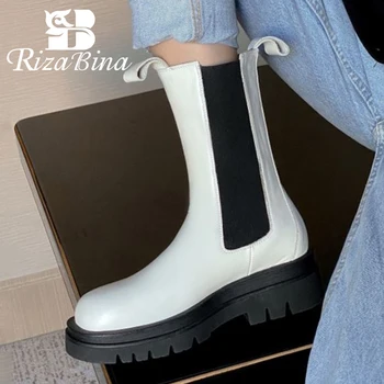 

RIZABINA New Women Mid Calf Boots Real Leather Patchwork Women Winter Short Boots Fashion Cool Shoes Women Footwear Size 34-39
