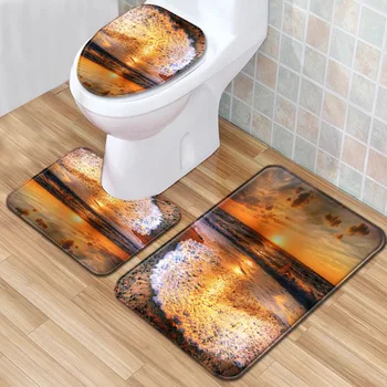 

Non-slip Beach Scenery Mats Bathroom Non-slip Absorbent Rug 3 Piece tToilet Carpet Toilet Mat Set