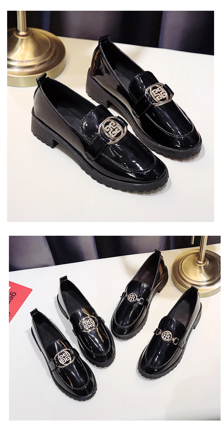 New Oxford Shoes for Women Shoes Female Flats Solid Black Patent Leather Slip on Shoes Woman Metal Buckle Ladies Shoes Plus Size