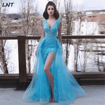 

V Neck Turquoise Split Prom Dresses with Detachable Skirt Lace Evening Gowns Formal Wear