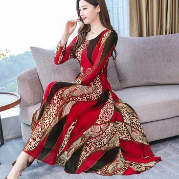 

Women Elegant A-line Dress 2020 Vintage printing party vestidos Long Sleeve Slim Spring Summer Dress women Plus Size Dress