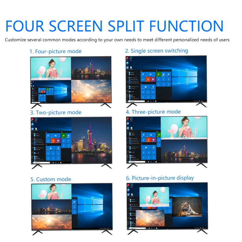 KVM HD 스위치 4x1 쿼드 멀티 뷰어, 4 in 1 Out HD BNC VGA TV 프로세서 화면 멀티 뷰어, 4 PC 공유 마우스 키보드용