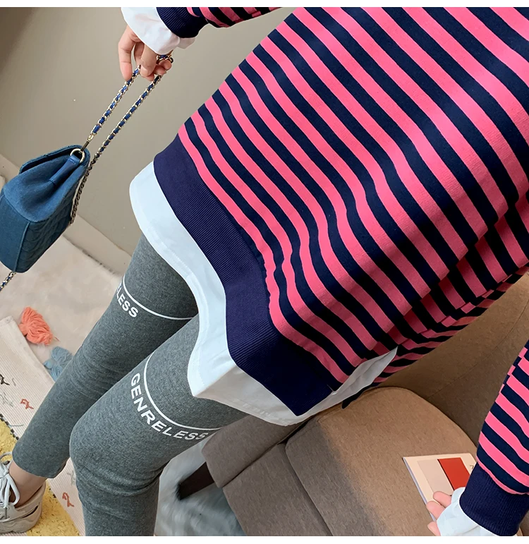 Maternity Autumn Clothes Embroidery Long Sleeve O-Neck Fleece Patchwork Striped Pregnant Women Sweatshirts Loose Cotton Hoodies