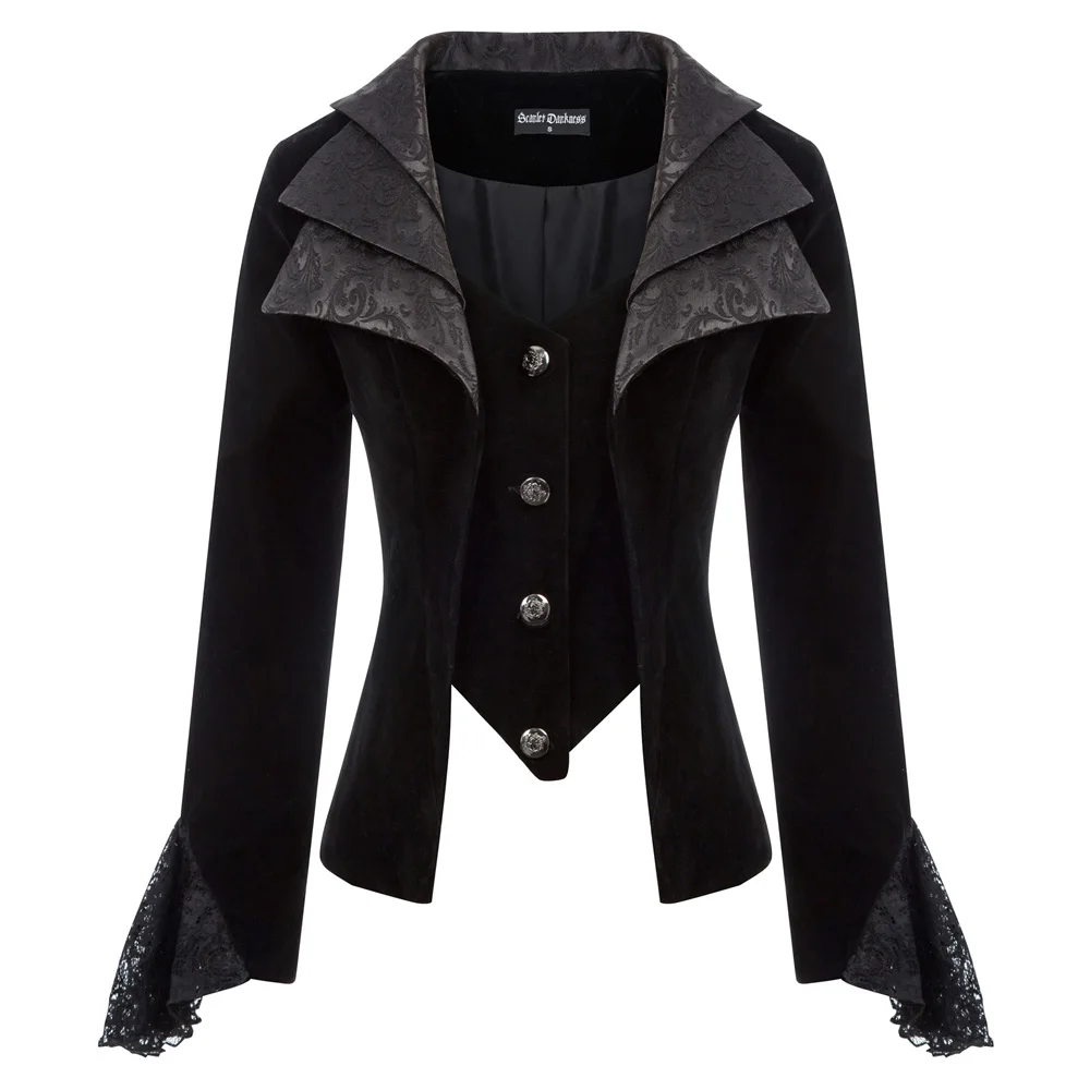 

black Women coat vintage retro elegant Lapel Collar Gothic Steampunk jacket fall Long Sleeve Button Placket slim club party coat