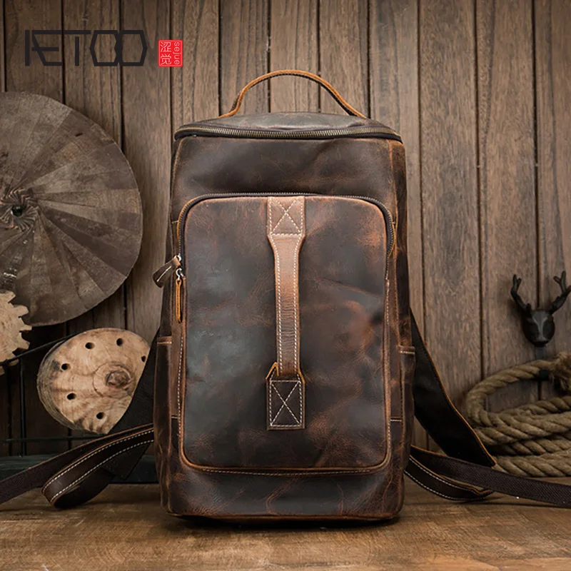 

AETOO Handmade Crazy Horse Leather Backpack, Men's Casual Top Layer Leather Travel Bag, Large Capacity Leather Backpack