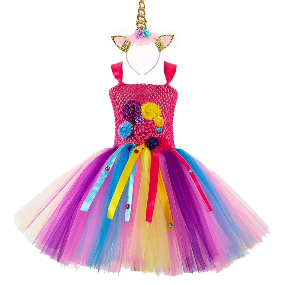 

Pastel Unicorn Tutu Dress Baby Kids Girls Flowers Birthday Masquerade Party Dresses Child Purim Day Halloween Christmas Costume
