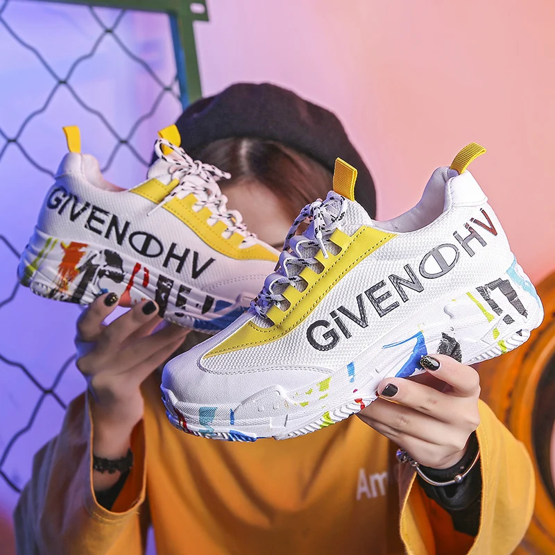 

Women Sports Shoes Sneakers Running Shoes Girl Student Outdoor Graffiti Lace up Breathable Casual Comfortable 5CM Platform Shoes