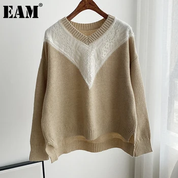 

[EAM] Khaki Big Size Knitting Sweater Loose Fit Round Neck Long Sleeve Women Pullovers New Fashion Autumn Winter 2020 1DA850