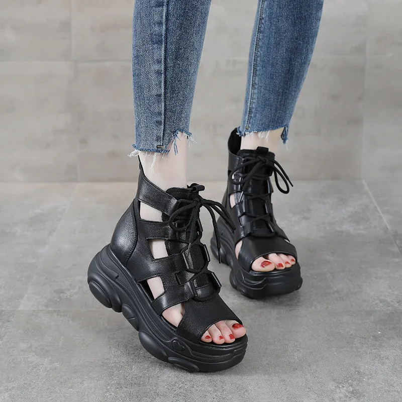 

Cowhide Slope with Thick-soled Roman Shoes Leather Retro Sandals 2021 Summer Trendy Fish Mouth High-top Shoes Women Sandals