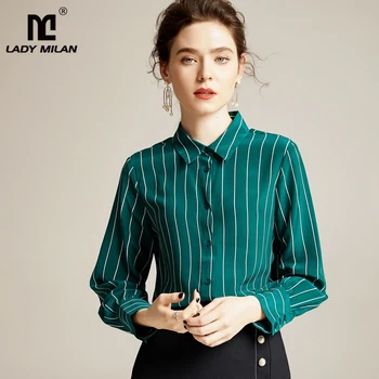 

100% Pure Silk Women's Shirts Turn Down Collar Striped Printed Long Sleeves Fashion Casual Blouse Shirt Tops