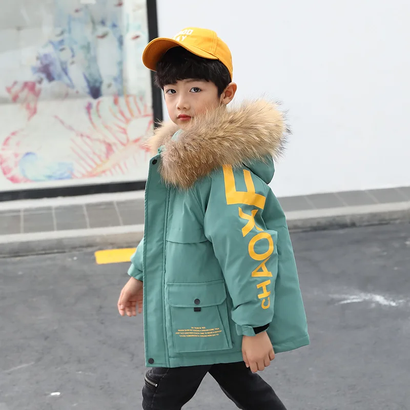 

Handsome Boy Tooling Jacket 2019 Winter New Down Jacket Big Pocket Short Coats Real Fur Child Kids Clothes Letter Printed