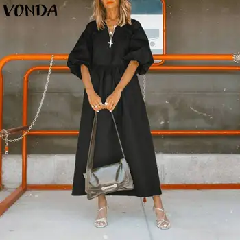

Summer Retro Dress 2020 VONDA Casual V Neck Half Sleeve Solid Color Bohemian Party Dresses Summer Beach Sundress Plus Size Robe